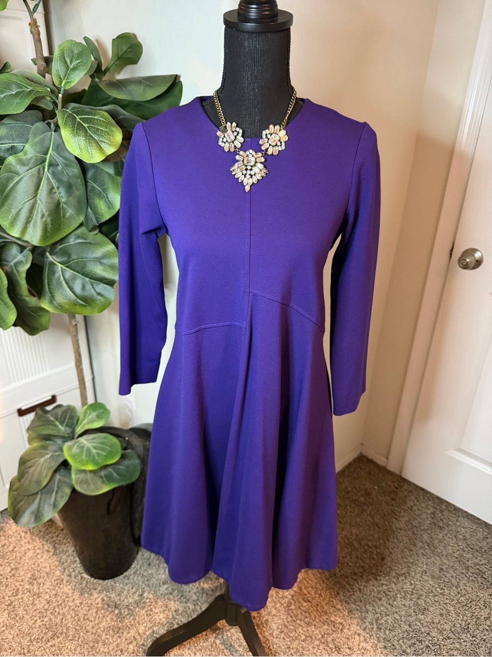 Elegant Purple Long-Sleeve Fit-and-Flare Dress